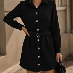 Kadın Uzun Kollu Yakalı önden Düğmeli Beli Kuşaklı Mini Ithal Keten Elbise , 31355