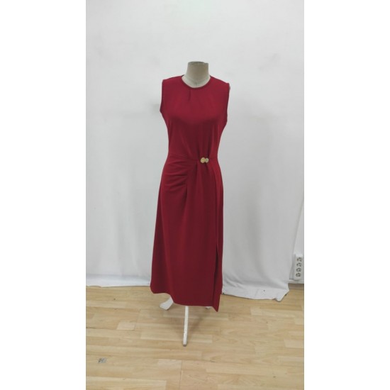 Kadın Sıfır Kollu Bisiklet Yaka Belden Büzgülü Yırtmaç Detaylı Janjan Krep Elbise , 31354