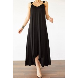 Kadın Askılı V Yakalı Halka Detaylı Asimetrik Kesim Detaylı Viskon Maxi Elbise, 26757