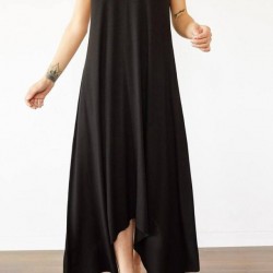 Kadın Askılı V Yakalı Halka Detaylı Asimetrik Kesim Detaylı Viskon Maxi Elbise, 26757