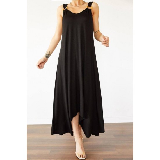 Kadın Askılı V Yakalı Halka Detaylı Asimetrik Kesim Detaylı Viskon Maxi Elbise, 26757