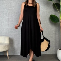 Kadın Askılı V Yakalı Halka Detaylı Asimetrik Kesim Detaylı Viskon Maxi Elbise, 26757