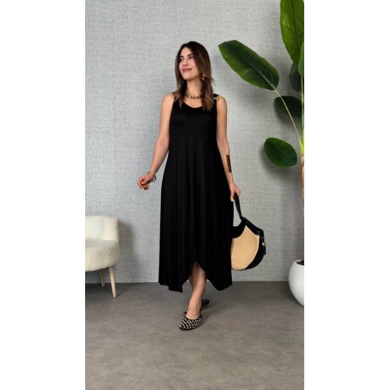 Kadın Askılı V Yakalı Halka Detaylı Asimetrik Kesim Detaylı Viskon Maxi Elbise, 26757