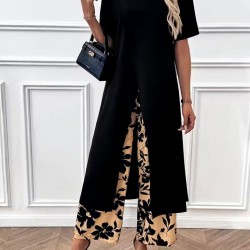 Kadın Kısa Kollu önden çapraz Detaylı Viskon Uzun Bluz Ve Desenli Iki Iplik Pantolon Ikili Takım , 31369