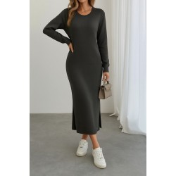 Kadın Uzun Kollu Bisiklet Yaka Yırtmaç Detay Triko Midi Boy Elbise, 31375