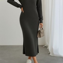 Kadın Uzun Kollu Bisiklet Yaka Yırtmaç Detay Triko Midi Boy Elbise, 31375 Kadın Uzun Kollu Bisiklet Yaka Yırtmaç Detay Triko Midi Boy Elbise, 31375