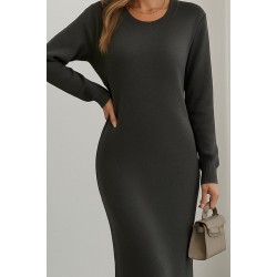 Kadın Uzun Kollu Bisiklet Yaka Yırtmaç Detay Triko Midi Boy Elbise, 31375