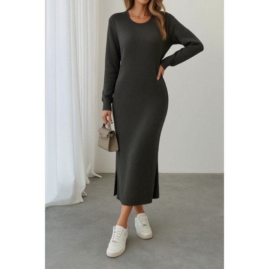 Kadın Uzun Kollu Bisiklet Yaka Yırtmaç Detay Triko Midi Boy Elbise, 31375