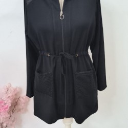 Kadın Uzun Kollu önü Fermuarlı File Detaylı Belden Bağcıklı Kısa Modal Ceket, 31392