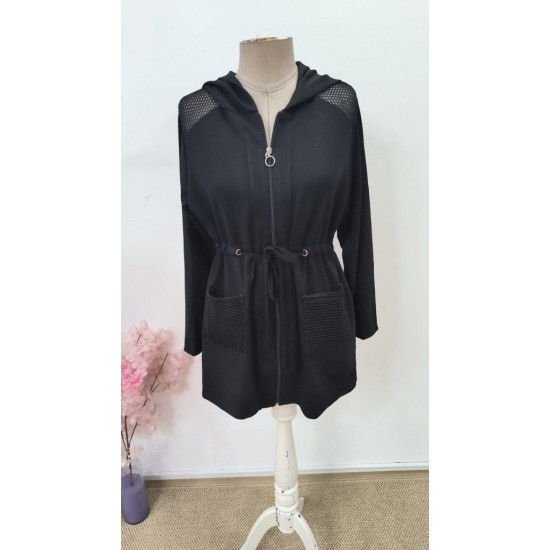 Kadın Uzun Kollu önü Fermuarlı File Detaylı Belden Bağcıklı Kısa Modal Ceket, 31392