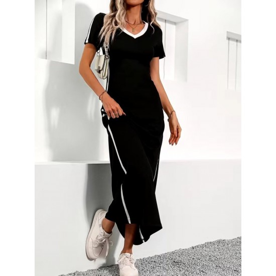 Kadın Kısa Kollu V Yakalı Yan şerit Detaylı Viskon Uzun Elbise , 31389