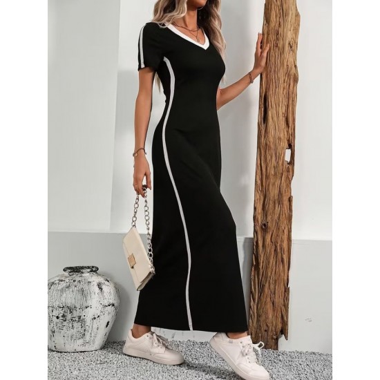 Kadın Kısa Kollu V Yakalı Yan şerit Detaylı Viskon Uzun Elbise , 31389