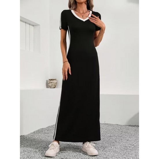 Kadın Kısa Kollu V Yakalı Yan şerit Detaylı Viskon Uzun Elbise , 31389