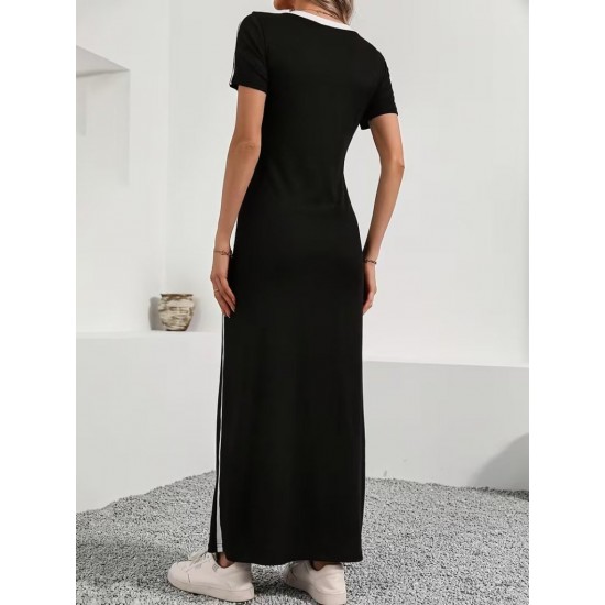 Kadın Kısa Kollu V Yakalı Yan şerit Detaylı Viskon Uzun Elbise , 31389