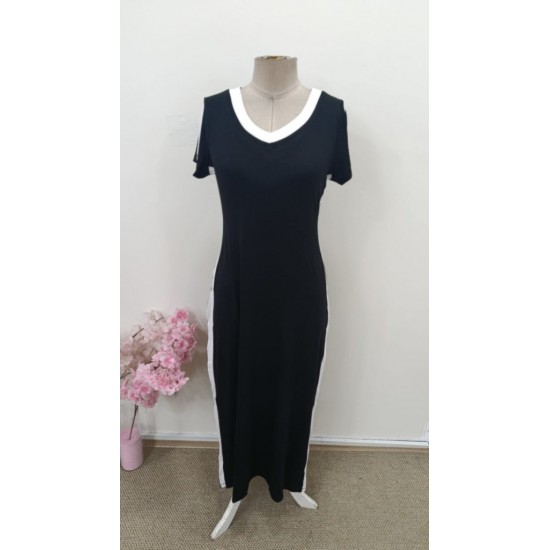 Kadın Kısa Kollu V Yakalı Yan şerit Detaylı Viskon Uzun Elbise , 31389