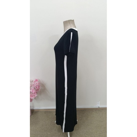 Kadın Kısa Kollu V Yakalı Yan şerit Detaylı Viskon Uzun Elbise , 31389