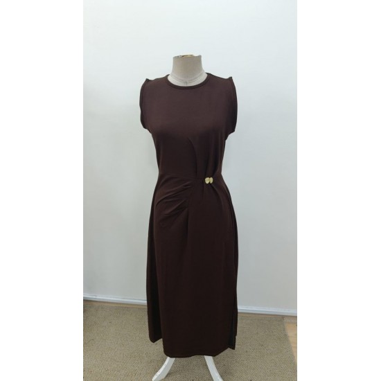 Kadın Sıfır Kollu Bisiklet Yaka Belden Büzgülü Yırtmaç Detaylı Janjan Krep Elbise , 31388