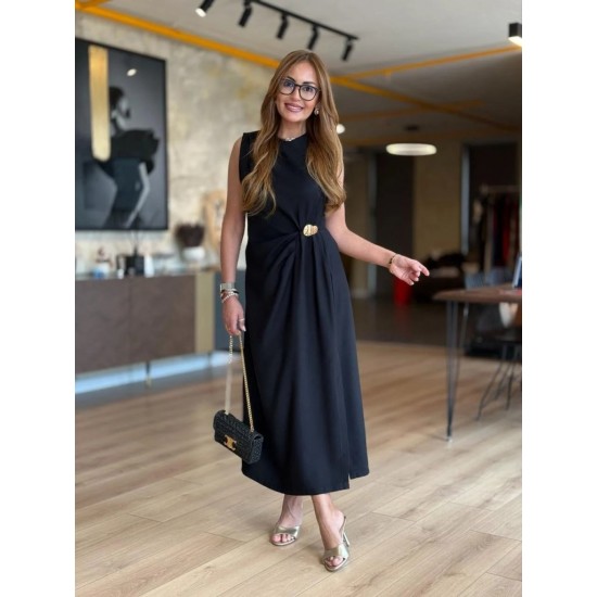 Kadın Sıfır Kollu Bisiklet Yaka Belden Büzgülü Yırtmaç Detaylı Janjan Krep Elbise , 31387