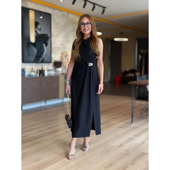 Kadın Sıfır Kollu Bisiklet Yaka Belden Büzgülü Yırtmaç Detaylı Janjan Krep Elbise , 31387