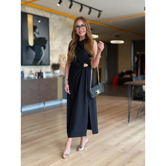 Kadın Sıfır Kollu Bisiklet Yaka Belden Büzgülü Yırtmaç Detaylı Janjan Krep Elbise , 31387