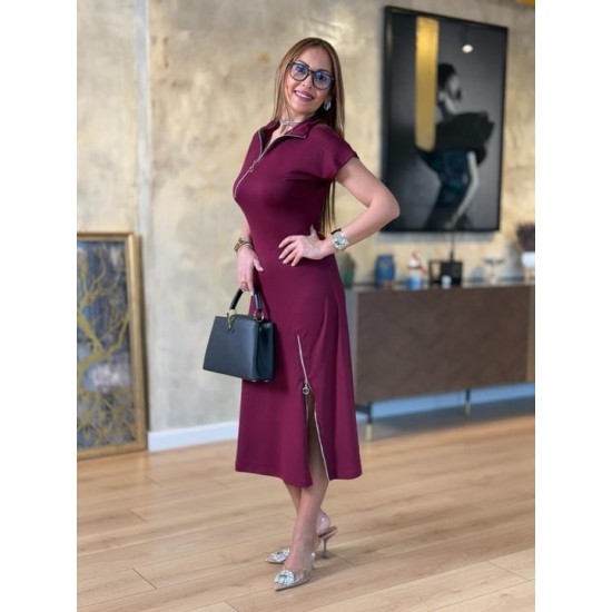 Kadın Kısa Kollu Yakadan Ve Etekten Fermuarlı Midi Viskon Iki Iplik Elbise , 31384 Kadın Kısa Kollu Yakadan Ve Etekten Fermuarlı Midi Viskon Iki Iplik Elbise , 31384