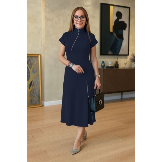 Kadın Kısa Kollu Yakadan Ve Etekten Fermuarlı Midi Viskon Iki Iplik Elbise , 31383