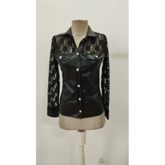 Kadın Uzun Kollu Yakalı önden Düğmeli Dantelli Deri Gömlek , 31381