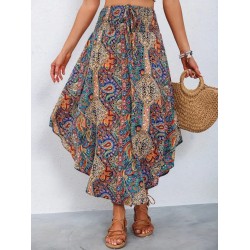 Kadın Beli Lastikli Bağcıklı Asimetrik Kesim Detaylı Desenli Bürümcük Etek, 31395