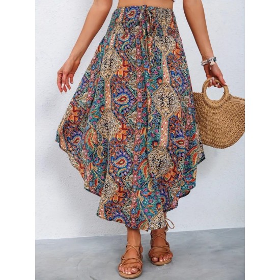 Kadın Beli Lastikli Bağcıklı Asimetrik Kesim Detaylı Desenli Bürümcük Etek, 31395