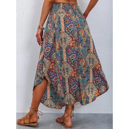 Kadın Beli Lastikli Bağcıklı Asimetrik Kesim Detaylı Desenli Bürümcük Etek, 31395