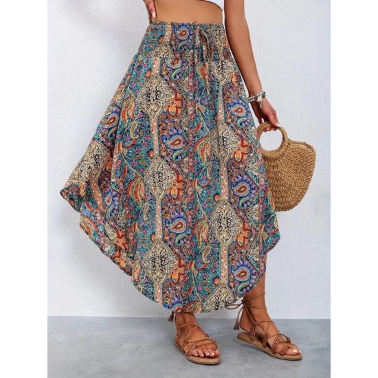 Kadın Beli Lastikli Bağcıklı Asimetrik Kesim Detaylı Desenli Bürümcük Etek, 31395