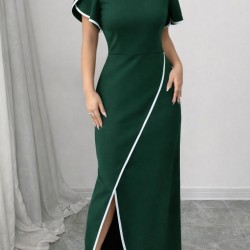 Kadın Kısa Kollu Kare Yakalı önden çapraz Kesim Detaylı Krep Elbise , 31404