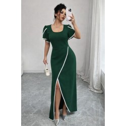 Kadın Kısa Kollu Kare Yakalı önden çapraz Kesim Detaylı Krep Elbise , 31404