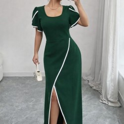 Kadın Kısa Kollu Kare Yakalı önden çapraz Kesim Detaylı Krep Elbise , 31404 Kadın Kısa Kollu Kare Yakalı önden çapraz Kesim Detaylı Krep Elbise , 31404