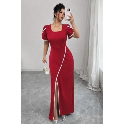 Kadın Kısa Kollu Kare Yakalı önden çapraz Kesim Detaylı Krep Elbise , 31403