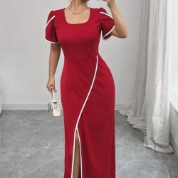 Kadın Kısa Kollu Kare Yakalı önden çapraz Kesim Detaylı Krep Elbise , 31403 Kadın Kısa Kollu Kare Yakalı önden çapraz Kesim Detaylı Krep Elbise , 31403