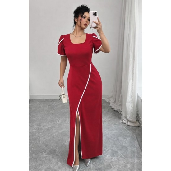 Kadın Kısa Kollu Kare Yakalı önden çapraz Kesim Detaylı Krep Elbise , 31403