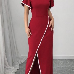 Kadın Kısa Kollu Kare Yakalı önden çapraz Kesim Detaylı Krep Elbise , 31403