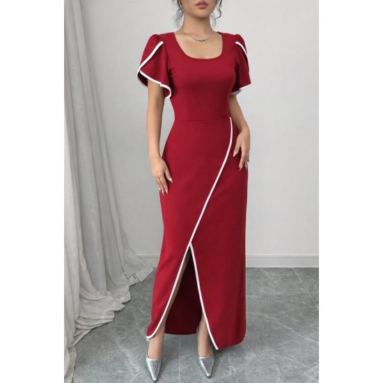 Kadın Kısa Kollu Kare Yakalı önden çapraz Kesim Detaylı Krep Elbise , 31403