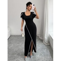 Kadın Kısa Kollu Kare Yakalı önden çapraz Kesim Detaylı Krep Elbise , 31400