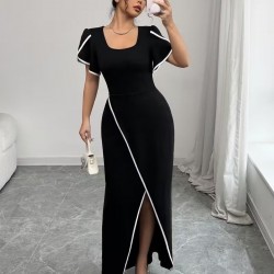 Kadın Kısa Kollu Kare Yakalı önden çapraz Kesim Detaylı Krep Elbise , 31400 Kadın Kısa Kollu Kare Yakalı önden çapraz Kesim Detaylı Krep Elbise , 31400