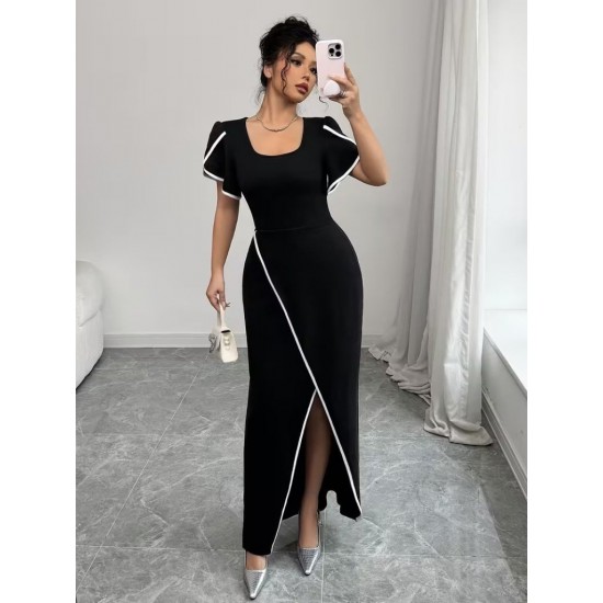 Kadın Kısa Kollu Kare Yakalı önden çapraz Kesim Detaylı Krep Elbise , 31400