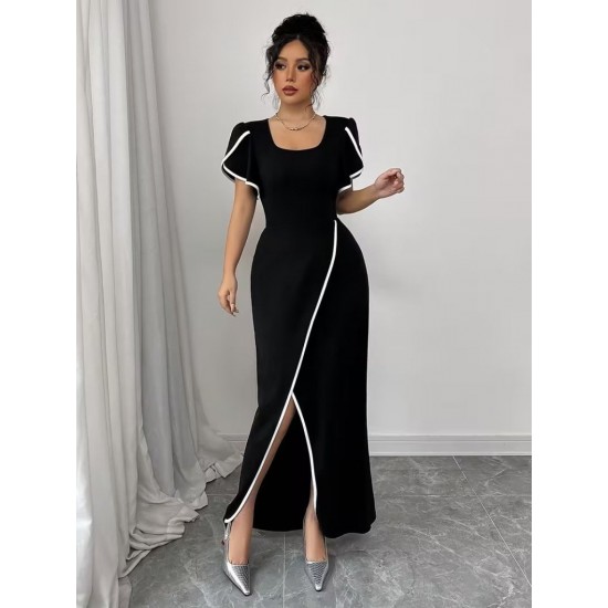 Kadın Kısa Kollu Kare Yakalı önden çapraz Kesim Detaylı Krep Elbise , 31400