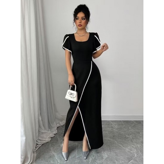 Kadın Kısa Kollu Kare Yakalı önden çapraz Kesim Detaylı Krep Elbise , 31400