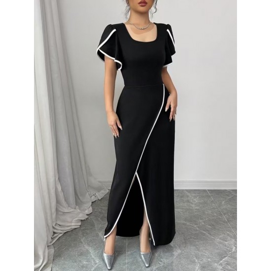 Kadın Kısa Kollu Kare Yakalı önden çapraz Kesim Detaylı Krep Elbise , 31400