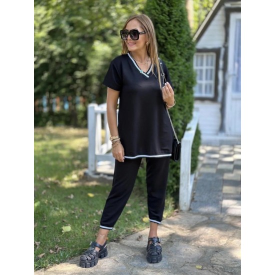 Kadın Kısa Kollu V Yakalı Iki Iplik Bluz Ve Pantolon Ikili Takım , 31399