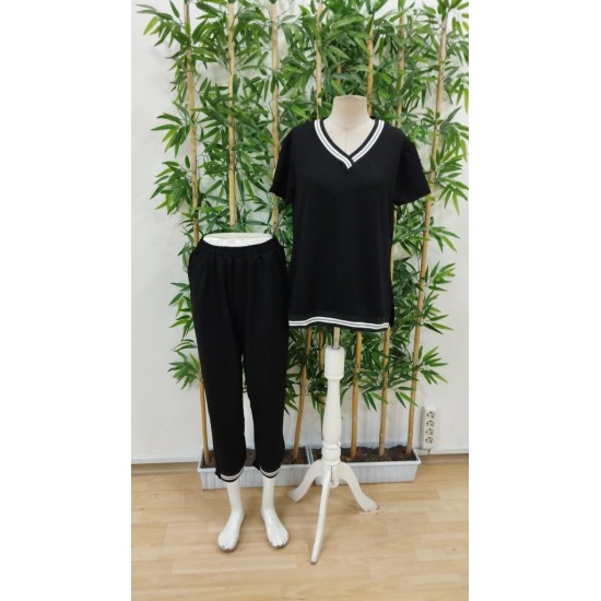 Kadın Kısa Kollu V Yakalı Iki Iplik Bluz Ve Pantolon Ikili Takım , 31399