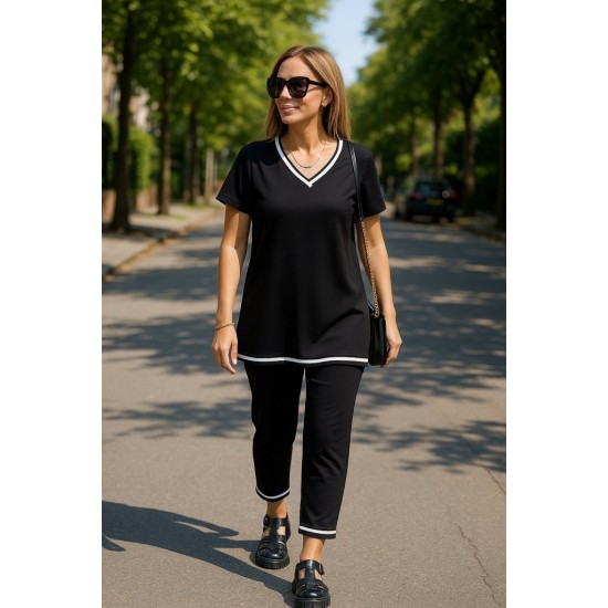 Kadın Kısa Kollu V Yakalı Iki Iplik Bluz Ve Pantolon Ikili Takım , 31399