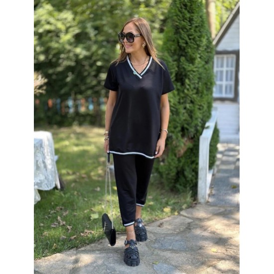 Kadın Kısa Kollu V Yakalı Iki Iplik Bluz Ve Pantolon Ikili Takım , 31399