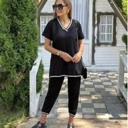 Kadın Kısa Kollu V Yakalı Iki Iplik Bluz Ve Pantolon Ikili Takım , 31399